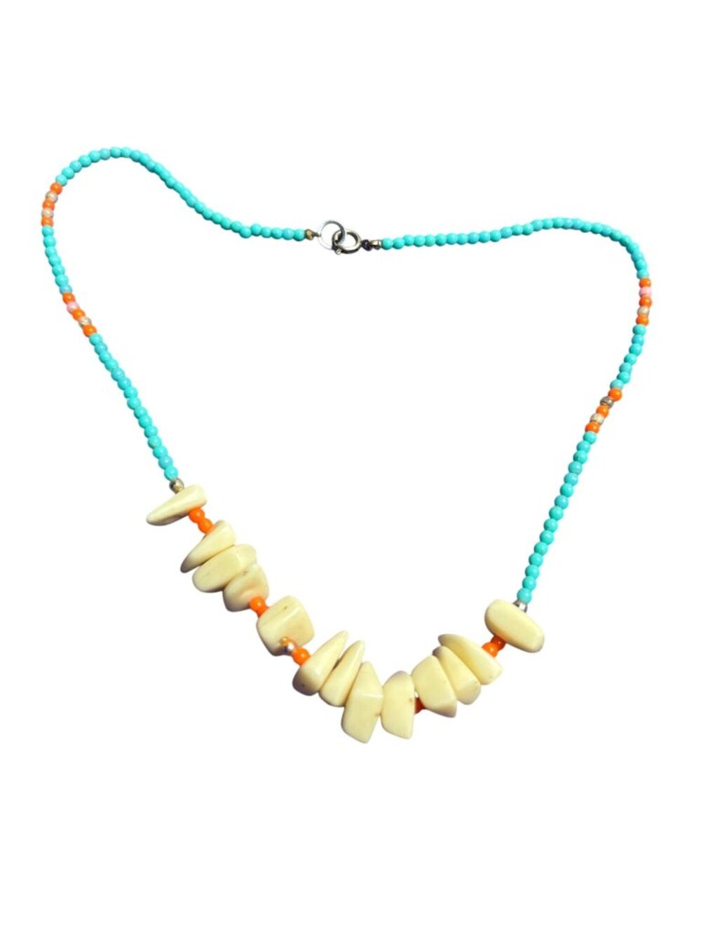 Vtg Plastic Beaded Necklace Boho Blue Orange Cream Silvertone 16 inches Long